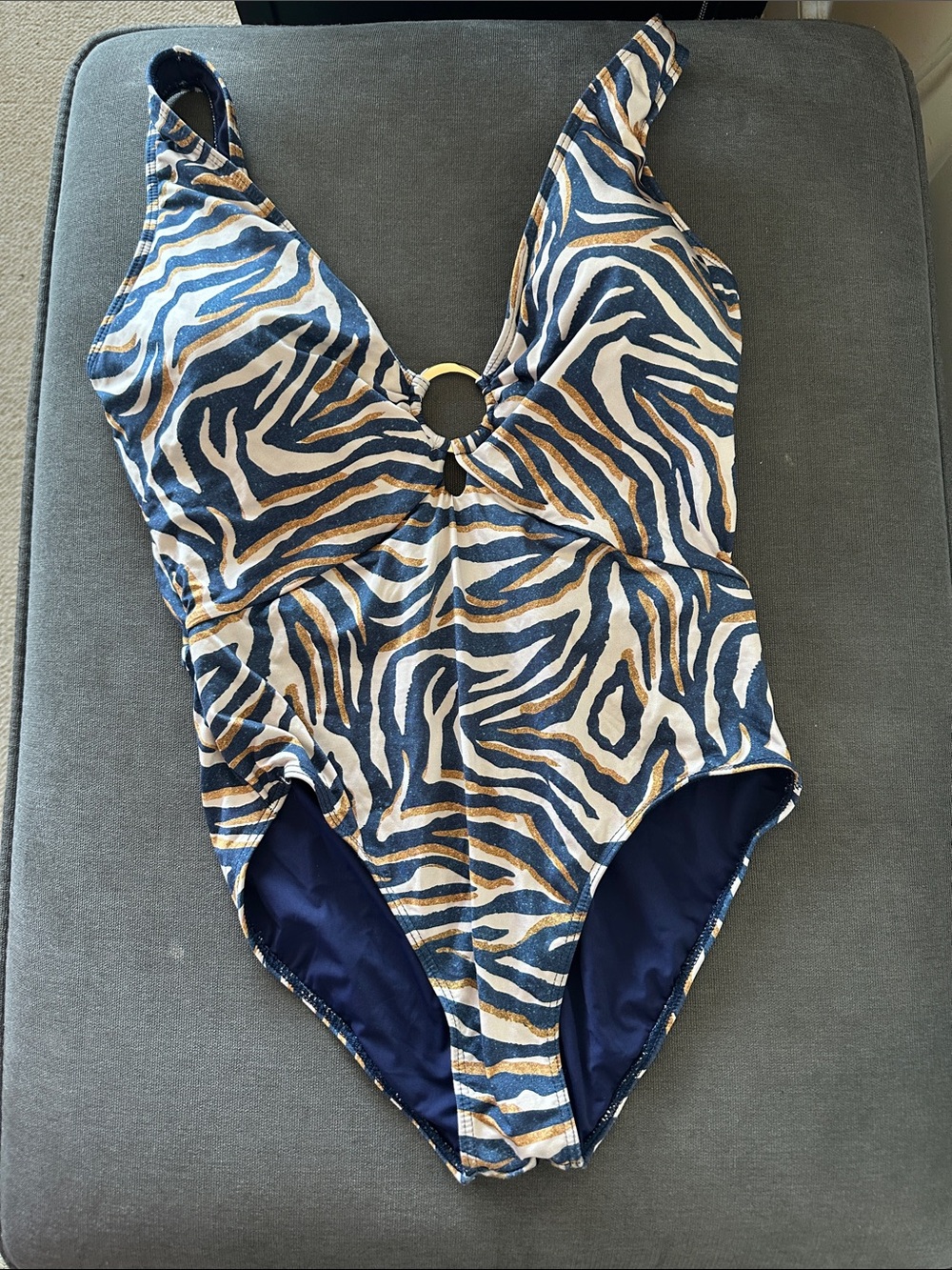 Ladies Blue and Tan Zebra-Print One-Piece Swimsuit with Ring Detail